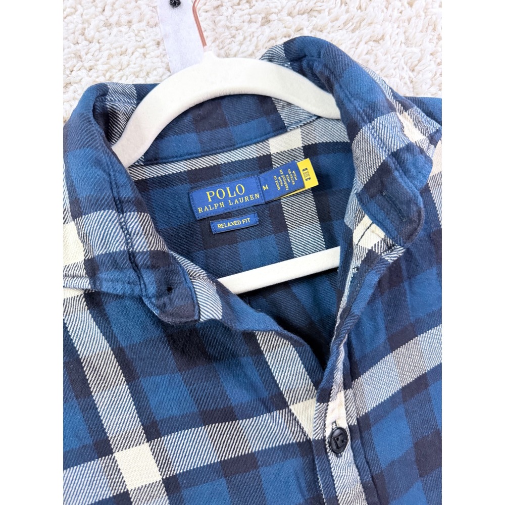 Womens Medium Polo Ralph Lauren Plaid Flannel Shirt Blue Relaxed Fit Button Down